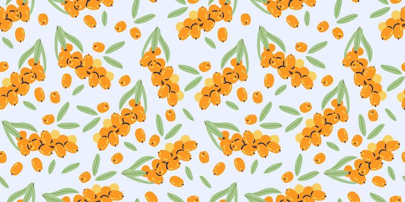 Sea-buckthorn and leaves seamless pattern.