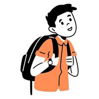 School boy with backpack line minimalistic illustration isolated on white. vector