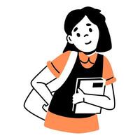 School girl with backpack holding a textbook line minimalistic illustration isolated on white. vector