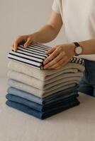 Stack of Folded Clothes on White Surface with Hands and Watch in Neutral Studio Setting photo