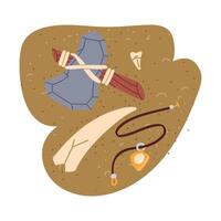 stone axe of an ancient man, fragment of tusk, tooth, pendant in the sand. An archaeological find. It suitable for design of books, articles, posters and presentations on archeology and human history vector