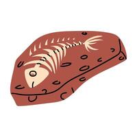 fossil of fish bones in stone. Vulcanization. Paleontology of nature and animals. Flat color illustration. For scientific projects, encyclopedias, museum exhibitions, and materials about dinosaurs. vector