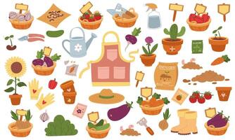 Set of flat color illustrations on a spring theme. Planting plants dedicated to nature, growth sustainable development. It is used in gardening blogs, environmental projects, articles on agriculture vector