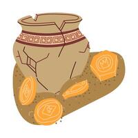 ancient broken jug with gold coins in the sand. An archaeological find. Historical value. It is suitable for the design of books, articles, posters and presentations on archeology and human history. vector