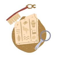 piece of stone with Egyptian hieroglyphs in sand. Magnifying glass and an archaeologist's brush. Historical value. It is suitable for design of books, articles, posters on archeology and human history vector