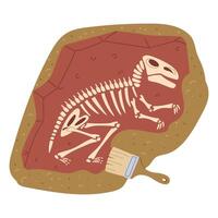 Fossils with tyrannosaurus bones in the sand with an archaeologist's brush. Paleontological find. It is suitable for design of books, posters on the topics of paleontology, plant and animal history. vector