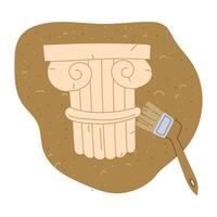Part of a column of ancient Greek architecture. capital with brush in sand. An archaeological find. for design of books, articles, posters on topics of archeology, the history of the past, excavations vector