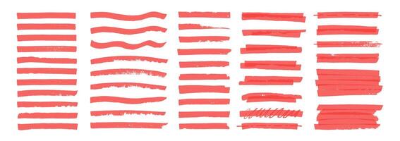 Set of marker lines with organic texture. Straight lines of a marker or brush for highlighting and underlining. Red illustration on a white background. vector