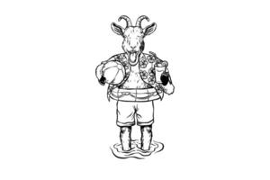 drawing illustration of goat with beach attributes vector