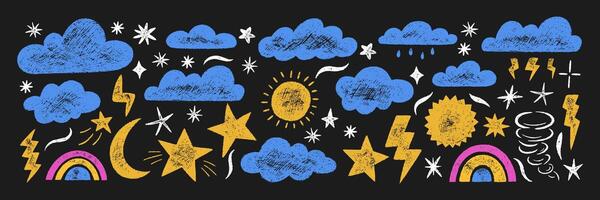 Collection of hand drawn clouds, lightning bolts, stars rainbow with crayon, pastel, chalk or pencil texture. Grunge elements in sketch style. Color illustration a blackboard. vector