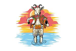 Illustration of a goat enjoying the beach with a balloon and a drink in the afternoon, in cartoon style vector