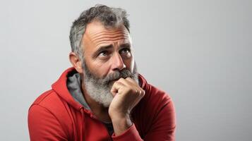 A man with a beard and a red hoodie looking at something photo