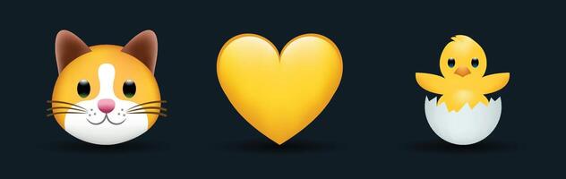 3 emoticons isolated on white background. Yellow color heart, cat, chicken with broken egg emoji illustration. 3d illustration set. vector
