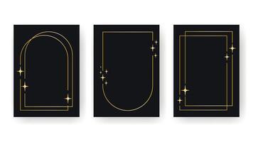Elegant golden minimalist frames with sparkles set. Shimmering subtle shape with glitter on black background. Contemporary frame with gold stars, graphic vector
