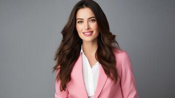 A beautiful woman in a pink suit posing for the camera photo