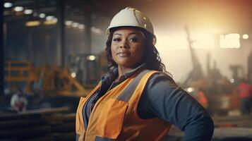 A woman in an orange vest and hard hat standing in front of a factory photo
