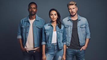 Three people in denim jackets standing together photo