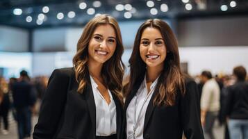 Two women in business attire standing in front of a crowd photo
