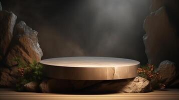 An empty stage with a round table in front of a rock wall photo