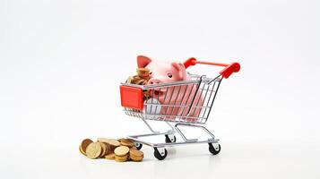 Piggy in a shopping cart with coins photo