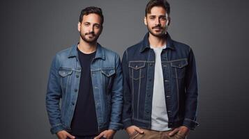 Two men in denim jackets standing next to each other photo