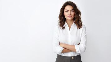 A woman in a white shirt and grey pants photo