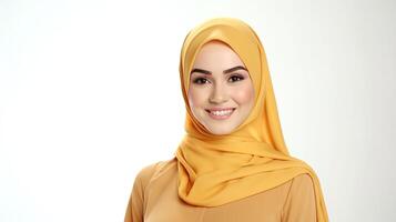 A woman in a yellow hijab smiling photo