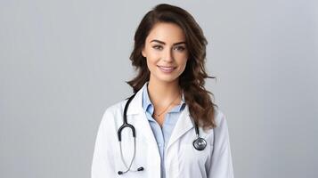 A woman in a doctor's coat and stethoscope photo