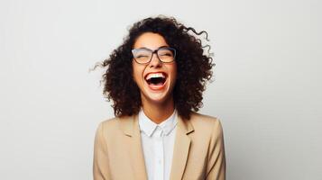 A woman with curly hair and glasses is laughing photo