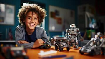 A young boy smiles while sitting at a table with toy robots photo