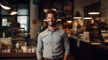 A man standing in a coffee shop photo