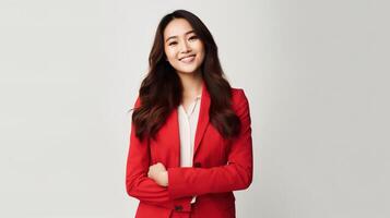 Asian business woman in red suit standing with arms crossed photo