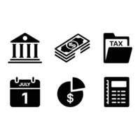 Financial Iconography A collection of financial icons including a bank building stack of currency tax folder calendar pie chart and calculator symbolizing finance taxation and planning vector