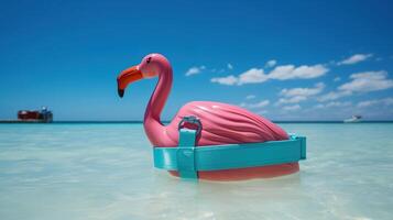 A flamingo is floating in the ocean photo