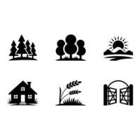 Simple Black and White Icons of Rural Scenes vector