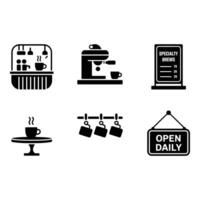 Cafe Icons Set Featuring Barista Espresso Machine Menu Board and Open Sign vector