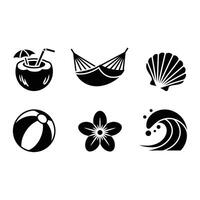 Summer Vacation Icons A set of six stylized black and white icons representing the quintessential elements of a summer vacation Each icon captures the essence of relaxation fun and adventure vector
