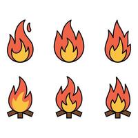 A set of warming bonfires ready for camping animated with cozy orange flames and simple Set vector