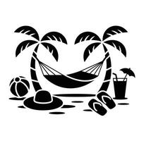Tropical Paradise A silhouette design depicting the perfect tropical getaway two palm trees, a hammock swaying in the breeze, a beach ball, a cocktail vector