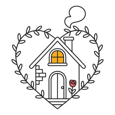art of Cute house in heart shaped floral wreath isolated on white background, a symbol of love and home