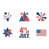 Patriotic 4th of July icons celebrating American independence with festive fireworks and flag on a vector