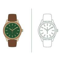 art of Wristwatch with green dial and brown leather strap isolated on white background, line art version vector