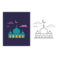 Set art of Illustration of a mosque with a crescent moon and clouds in the sky on split background vector
