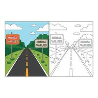 Set art of Road to moral values with signs on either side in color and black and white version vector