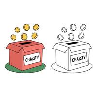 Set art of Charity donation boxes with falling coins isolated on white background in color and black and white vector