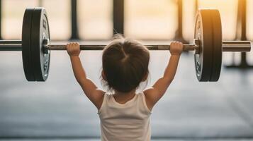 Tiny Baby Girl Lifting Heavy Barbell in Surreal Gym Setting Surrounded by Soft Light and Modern Equipment photo