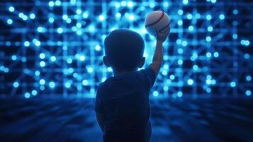 Baby boy throwing baseball into glowing neon background with digital light effects for imaginative sports-themed visuals photo