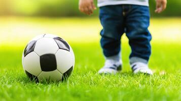 Dreamlike Scene of Baby Boy Kicking Soccer Ball on Vibrant Green Grass in Soft Glowing Light photo