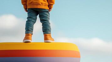 Baby Boy Balancing on Colorful Rainbow Floating Volleyball Court Under Clear Sky photo