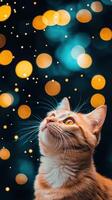 Cute Orange Cat in Silver Astronaut Suit Floating Among Shiny Bokeh Lights in a Dreamy Background photo